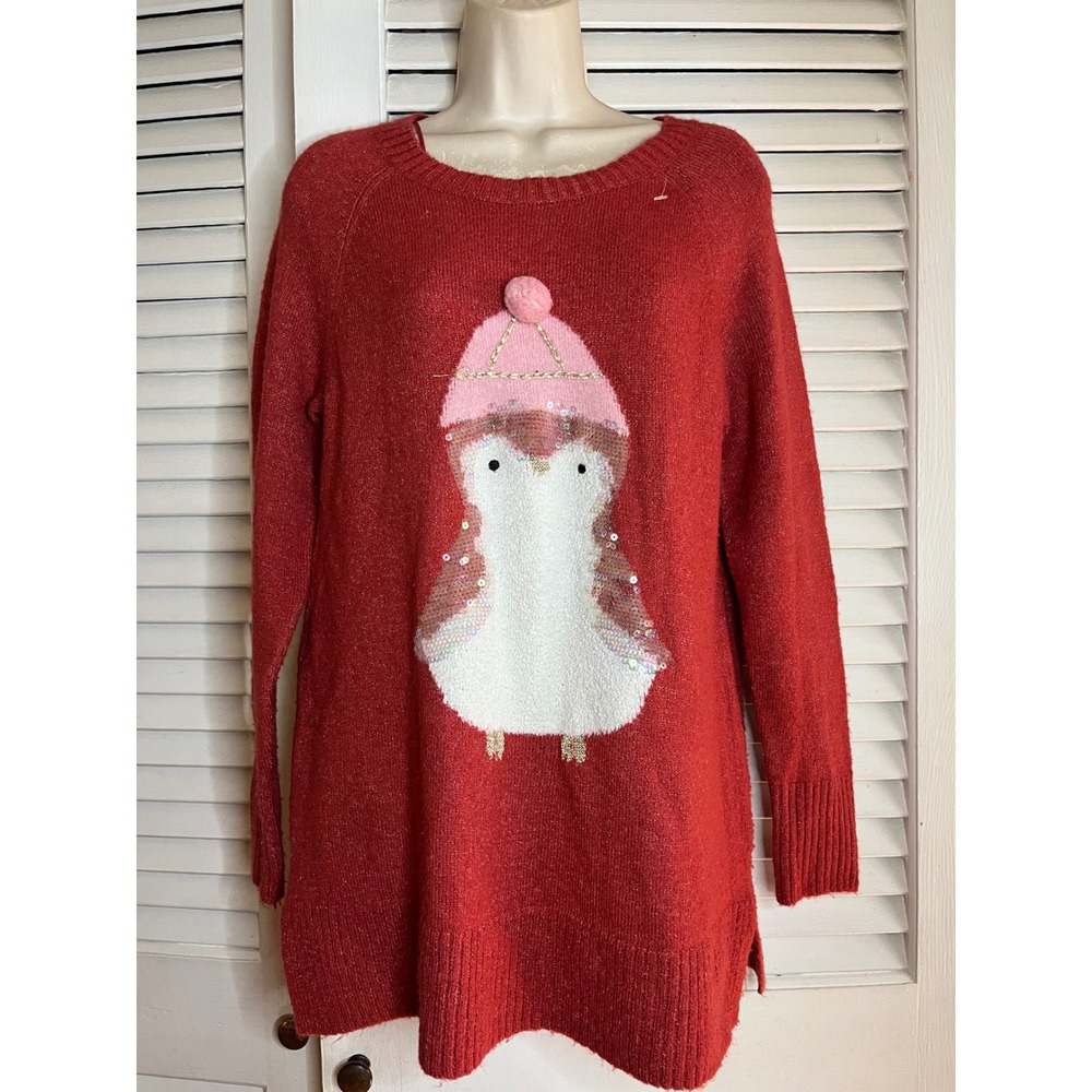 LC Lauren Conrad pink Metallic Penguin Sequin Holiday Sweater Tunic Medium